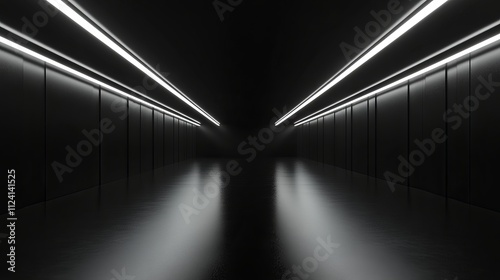 Fototapeta Naklejka Na Ścianę i Meble -  High-quality 3d abstract rendering of dark lines and light accents in an empty black studio room with minimalist design and dark background