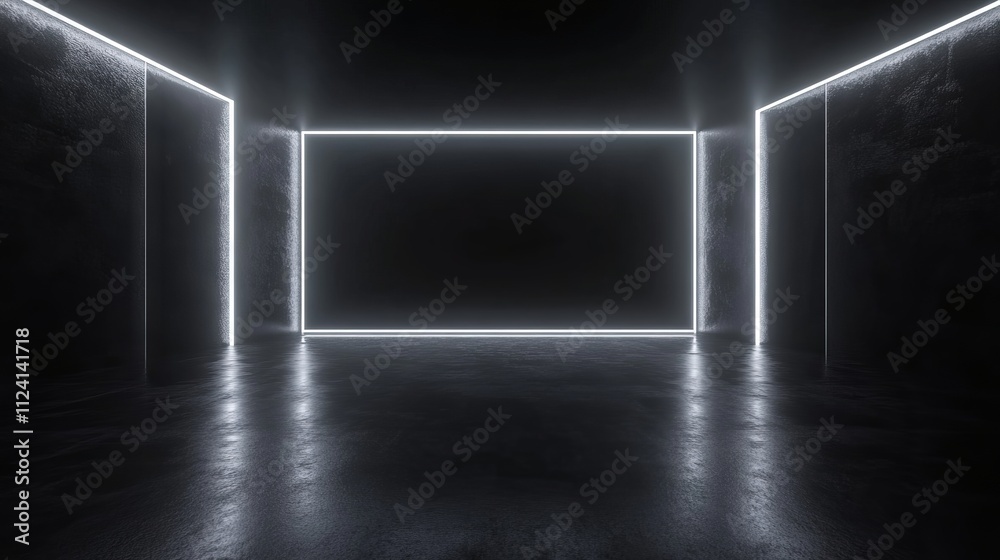 High-quality 3d abstract rendering of dark lines and light accents in an empty black studio room with minimalist design and dark background