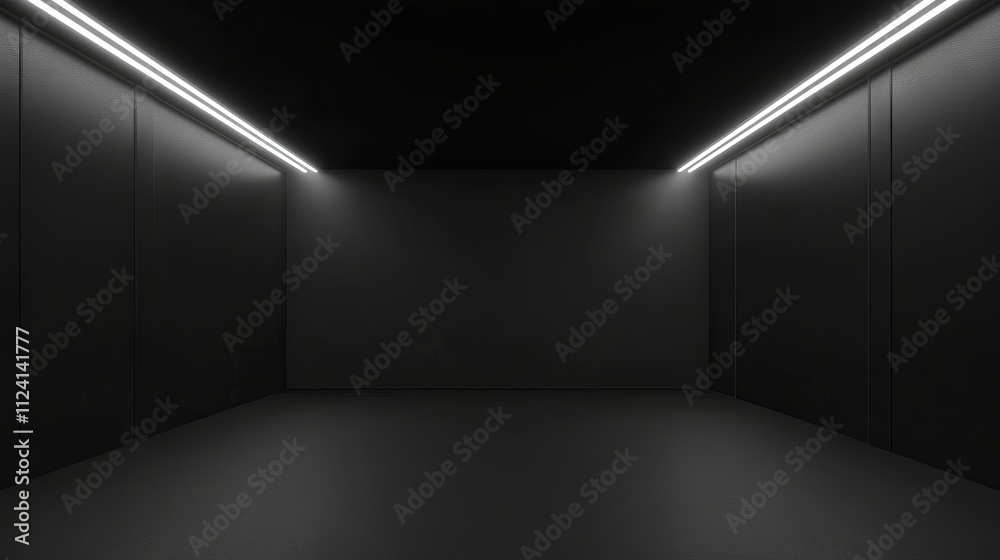 High-quality 3d abstract rendering of dark lines and light accents in an empty black studio room with minimalist design and dark background High-quality 3d abstract rendering of dark lines and light accents in an empty black studio room with minimalist design and dark background