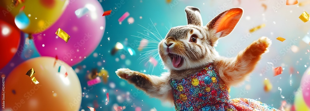 A fluffy bunny wearing a New Year is Eve dress, jumping with joy against a background full of balloons and streamers, large blank space A fluffy bunny wearing a New Year is Eve dress, jumping with joy against a background full of balloons and streamers, large blank space