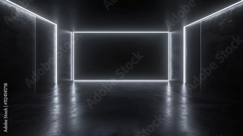 High-quality 3d abstract rendering of dark lines and light accents in an empty black studio room with minimalist design and dark background