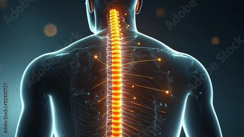 Human Spine Visualization with Neon Glow and Digital Effects in a Dark Background