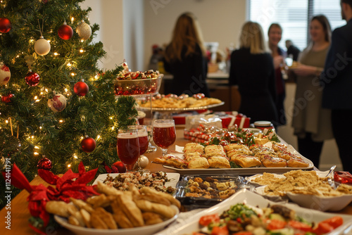 Christmas Holiday Party: People Enjoying Festive Snacks and Drinks Around a Decorated Table