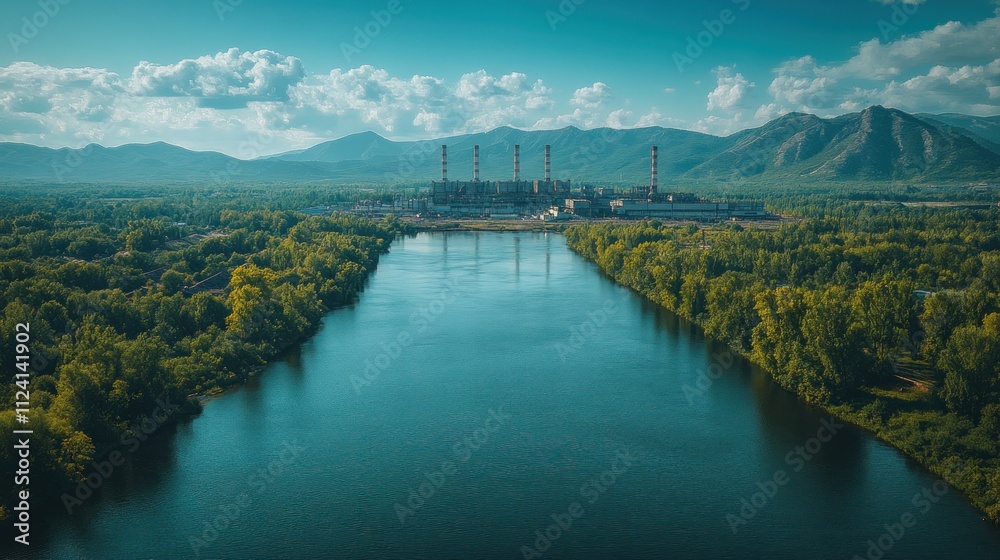 Fototapeta premium Aerial view of power plant beside a river and mountains.