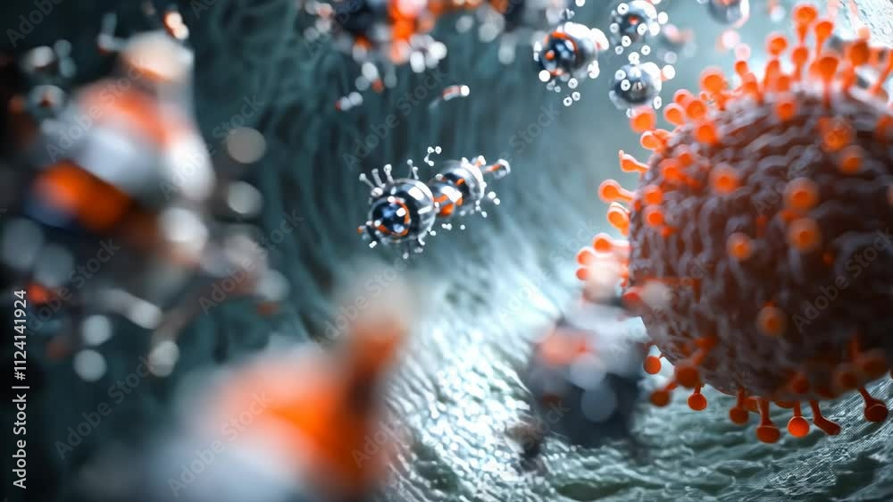 Microscopic View of Virus Surrounded by Nanobots in Human Body Environment