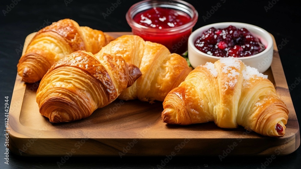 Croissant, Jam, and Mini Muffins on Wooden Cutting Board Croissant, Jam, and Mini Muffins on Wooden Cutting Board