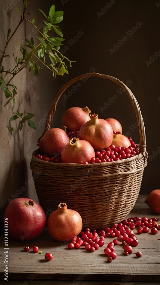 Ripe pomegranates and berries in a wicker basket on a wooden table. Ripe pomegranates and berries in a wicker basket on a wooden table.