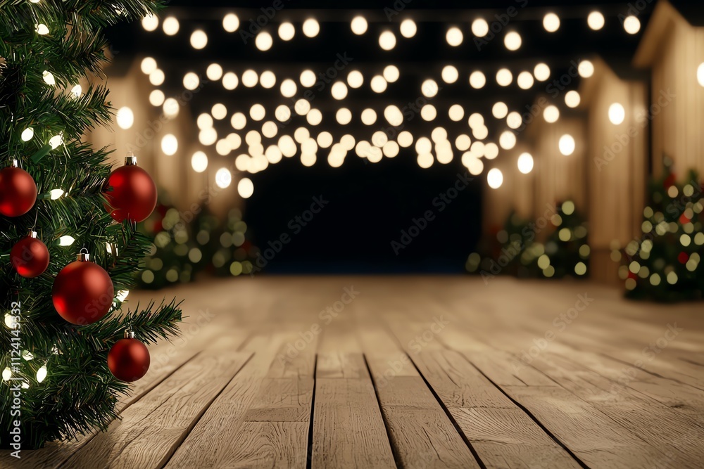 A festive scene with Christmas trees adorned with red ornaments, illuminated by warm string lights on a wooden floor, creating a cozy holiday atmosphere. A festive scene with Christmas trees adorned with red ornaments, illuminated by warm string lights on a wooden floor, creating a cozy holiday atmosphere.