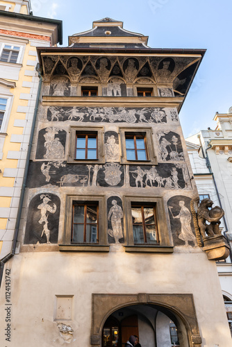 The House at the Minute with decoratively painted side wall on Small Square in historical part of Prague in Czech Republic