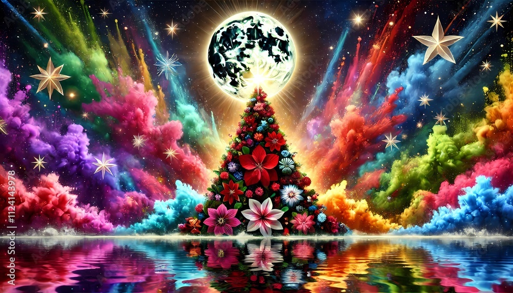 Christmas tree made of flowers on an explosive multicolored pollen, night background with stars and the full moon, Christmas concept representing the Christmas season, created with generative A.I. Christmas tree made of flowers on an explosive multicolored pollen, night background with stars and the full moon, Christmas concept representing the Christmas season, created with generative A.I.