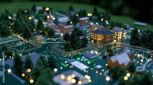 A Charming Miniature Village with Glowing Lights and Lush Greenery Representing Community Life