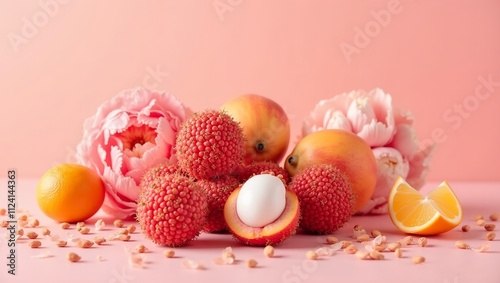 Fototapeta Naklejka Na Ścianę i Meble -  lychee fruits peaches invigorating bergamot orange blossoms clean, minimalist light pink background