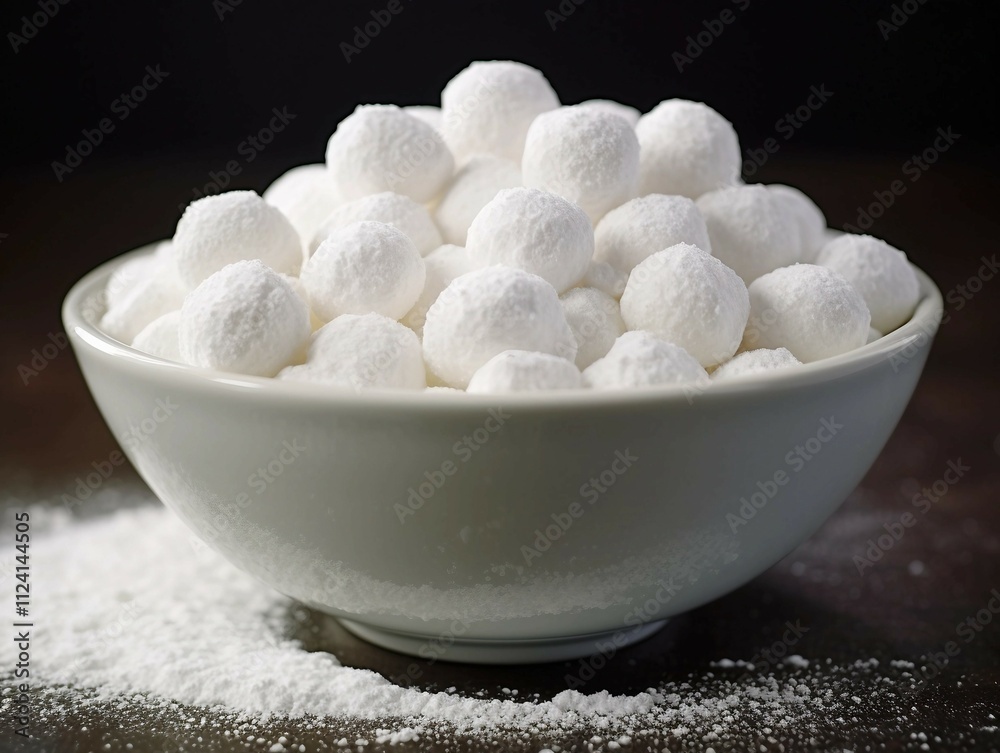 Close-up of Bowl Filled with Small White Balls Coated in Powdered Sugar Close-up of Bowl Filled with Small White Balls Coated in Powdered Sugar