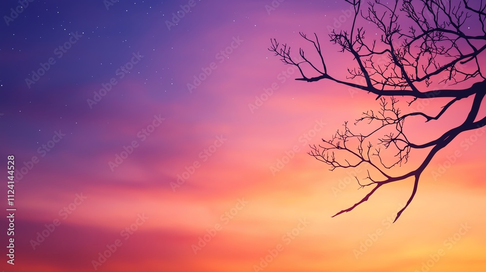 Fototapeta premium A serene sunset scene featuring a colorful sky and a silhouetted tree branch against a vibrant backdrop.