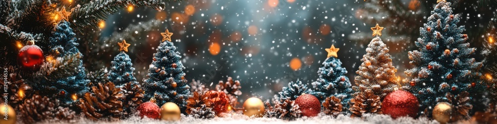 Fototapeta premium Cozy Christmas Evening - Snow-Covered Festive Scene with Glowing Trees and Garland Decor