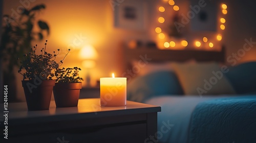 Frame on a nightstand with a candle and small plants, moody lighting