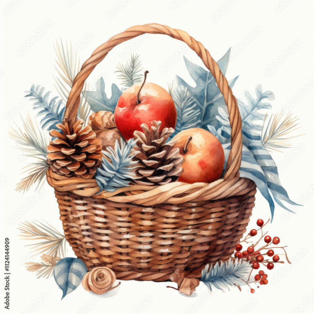 Beautiful Rustic Basket with Red Apples, Pine Cones, and Greenery, Perfect for Autumn and Seasonal Decor, Natural Elements in Soft Color Palette Beautiful Rustic Basket with Red Apples, Pine Cones, and Greenery, Perfect for Autumn and Seasonal Decor, Natural Elements in Soft Color Palette