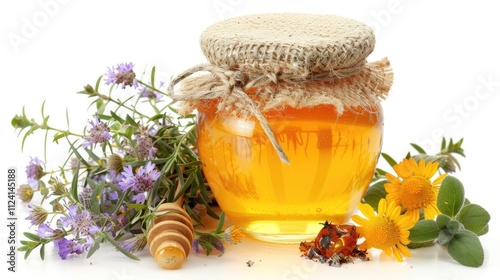 A beautiful jar of pure honey with a bouquet of dried herbs like chamomile, calendula, and lemon balm, isolated on a white background photo