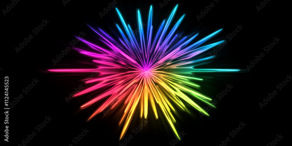 A striking burst of geometric shapes in vivid neon shades, including cyan, magenta, and yellow, radiating from a dark center. 
