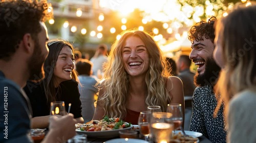 Joyful group of friends enjoying a meal together during sunset at an outdoor restaurant