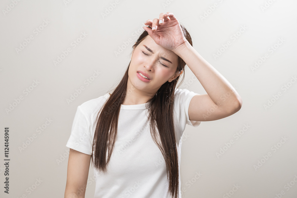 Hot weather and health care concept asian young woman suffering from heat, feeling discomfort with sunstroke at summer, hand holding on face, female gesture fatigue wearing t-shirt in high temperature Hot weather and health care concept asian young woman suffering from heat, feeling discomfort with sunstroke at summer, hand holding on face, female gesture fatigue wearing t-shirt in high temperature