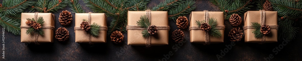 Festive Christmas Scene with Three Wrapped Gifts and Pine Trees Festive Christmas Scene with Three Wrapped Gifts and Pine Trees