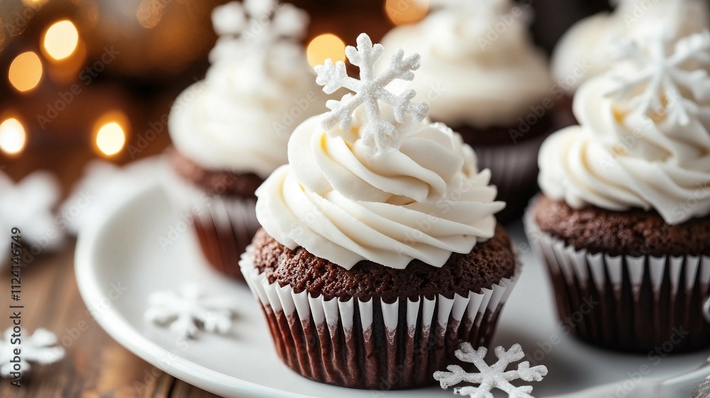 Christmas cupcakes with whipped cream and snowflake decorations on a white plate Christmas cupcakes with whipped cream and snowflake decorations on a white plate