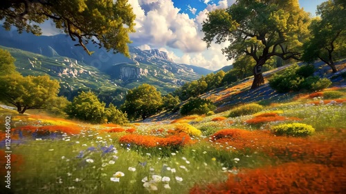 Colorful Mountain Meadow Landscape Painting