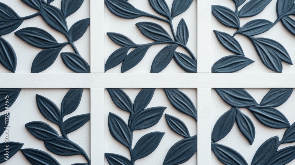 Fototapeta premium Striking contrast, four dark leaves on a pristine white background, minimalist composition