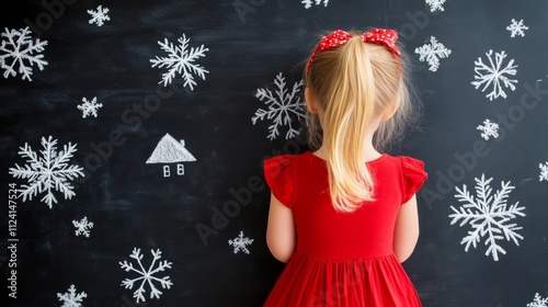 Young girl in front of snowflakedecorated blackboard, a whimsical winter or holiday scene photo