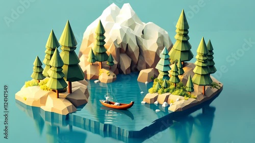 Low Poly Island Landscape with Boat