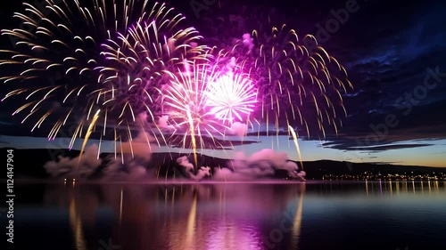 Colorful Fireworks Display Over Calm Water