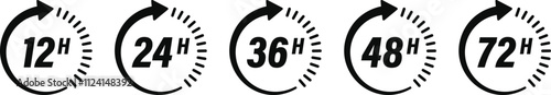 Round up to 12, 24, 36, 48, 72 hours hrs work time effect icon set. Time Elapsed Arrow Symbol