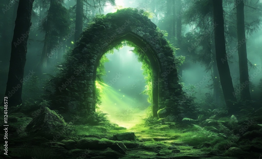 Obraz premium Enchanted Portal: Tree Arch Leading to Fantasy Dimension in Lush Green Forest - 3D Fantasy Artwork