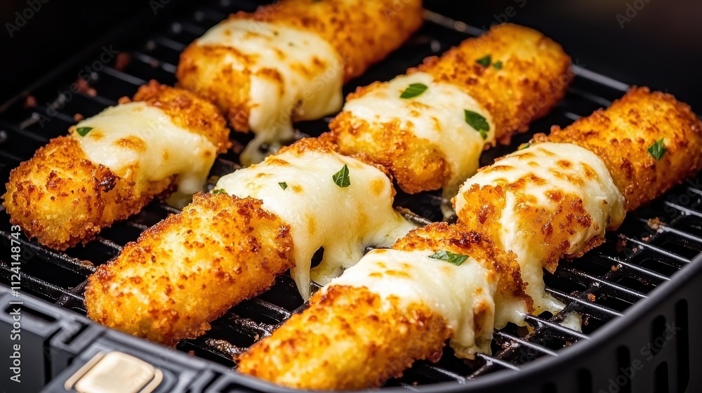Crispy, golden-brown cheese sticks with melted cheese oozing, resting on a grill, exuding a deliciously appetizing look. Crispy, golden-brown cheese sticks with melted cheese oozing, resting on a grill, exuding a deliciously appetizing look.