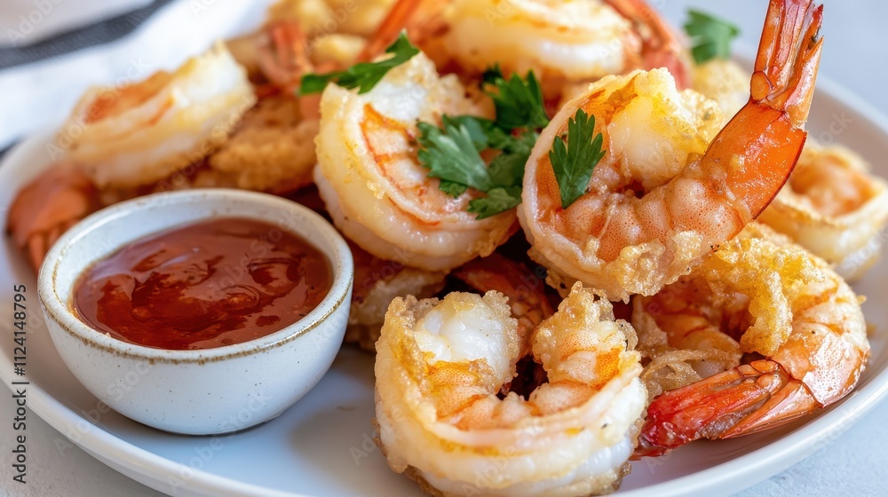 A delicious plate of shrimp served with a tangy dipping sauce, garnished with fresh parsley, perfect for seafood lovers. A delicious plate of shrimp served with a tangy dipping sauce, garnished with fresh parsley, perfect for seafood lovers.
