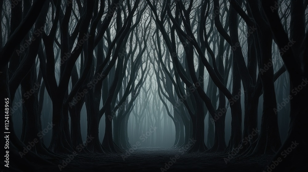 Obraz premium A dark, eerie forest with twisted branches creates a spooky atmosphere, inviting curiosity and a sense of mystery.