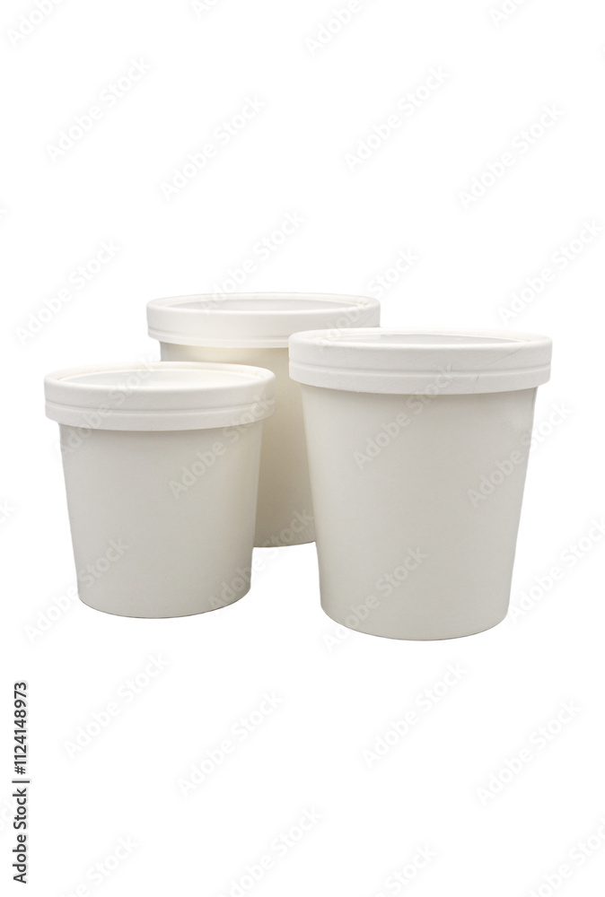 Three empty cardboard cups with lids, of different sizes for liquid: drink or soup isolated. Disposable tableware for takeaway food. Three empty cardboard cups with lids, of different sizes for liquid: drink or soup isolated. Disposable tableware for takeaway food.