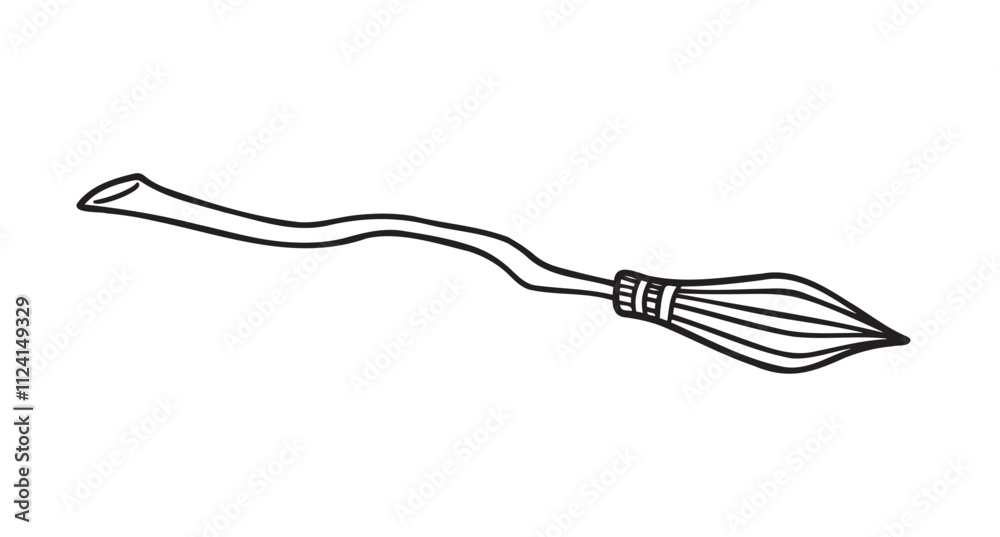 Naklejka premium witch broom doodle hand drawn icon. Outline drawing witch broom line clipart symbol. Halloween magic broom.