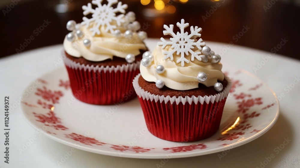Christmas cupcakes with whipped cream and snowflake decorations on a white plate Christmas cupcakes with whipped cream and snowflake decorations on a white plate