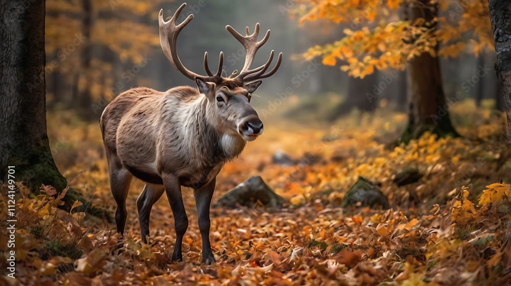beautiful portrait of a reindeer amidst an idyllic autumn scene, its confident stride accentuated by fallen autumn leaves
beautiful portrait of a reindeer amidst an idyllic autumn scene, its confident stride accentuated by fallen autumn leaves