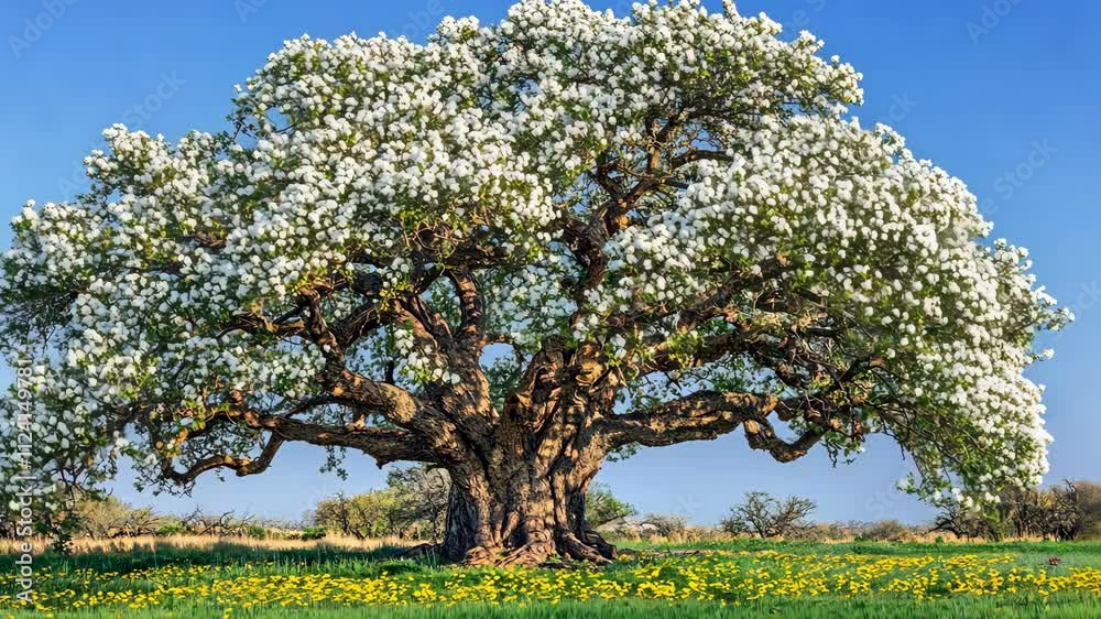Majestic flowering tree in a lush green field under a clear blue sky during springtime Majestic flowering tree in a lush green field under a clear blue sky during springtime