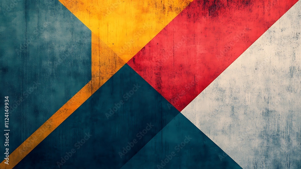 © Ruqqq - Abstract geometric background with grunge texture in red, blue, yellow, and white.