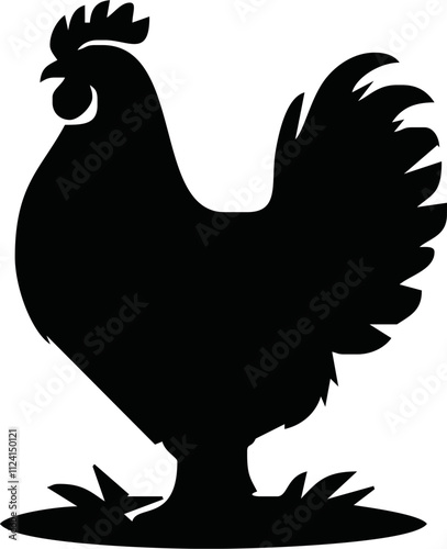 Rooster crowing, Basic simple Minimalist vector graphic, isolated on white background, black and white