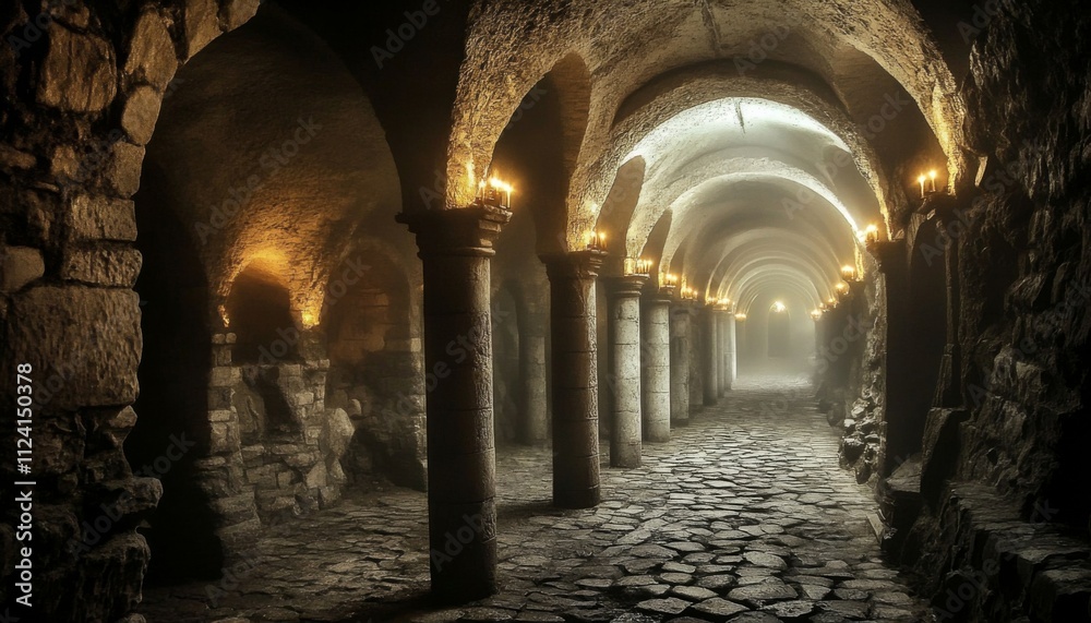 Obraz premium Illuminated candles lighting the dungeon passage along a stone path