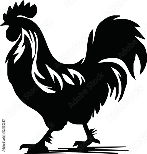 Rooster crowing, Basic simple Minimalist vector graphic, isolated on white background, black and white