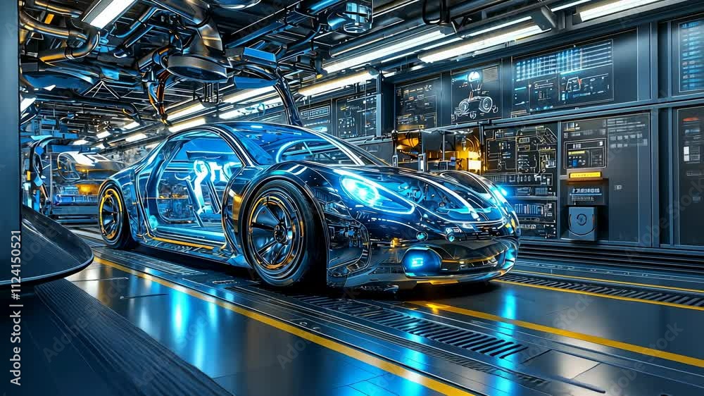 Futuristic Car in High-Tech Garage with Advanced Technology and Neon Illumination Futuristic Car in High-Tech Garage with Advanced Technology and Neon Illumination