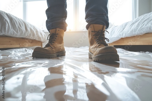 Work boots on plastic flooring in bedroom. Shows home renovation or repair process. photo