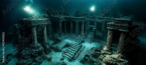 Underwater Ancient Architecture: Columns in Clear Green Water with Rising Bubbles - 3D Render of Submerged Historic Structure photo