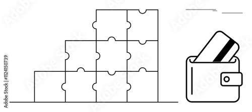 Puzzle pyramid and wallet with credit card. Ideal for financial planning concepts, business strategy, personal finance, saving methods, systemic thinking, structured planning, solution strategy. Line